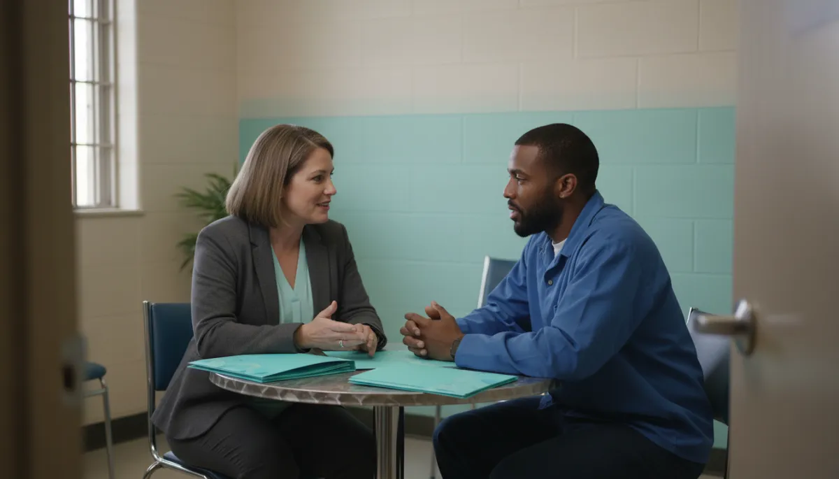 Mentor and incarcerated man discussing goals and accountability