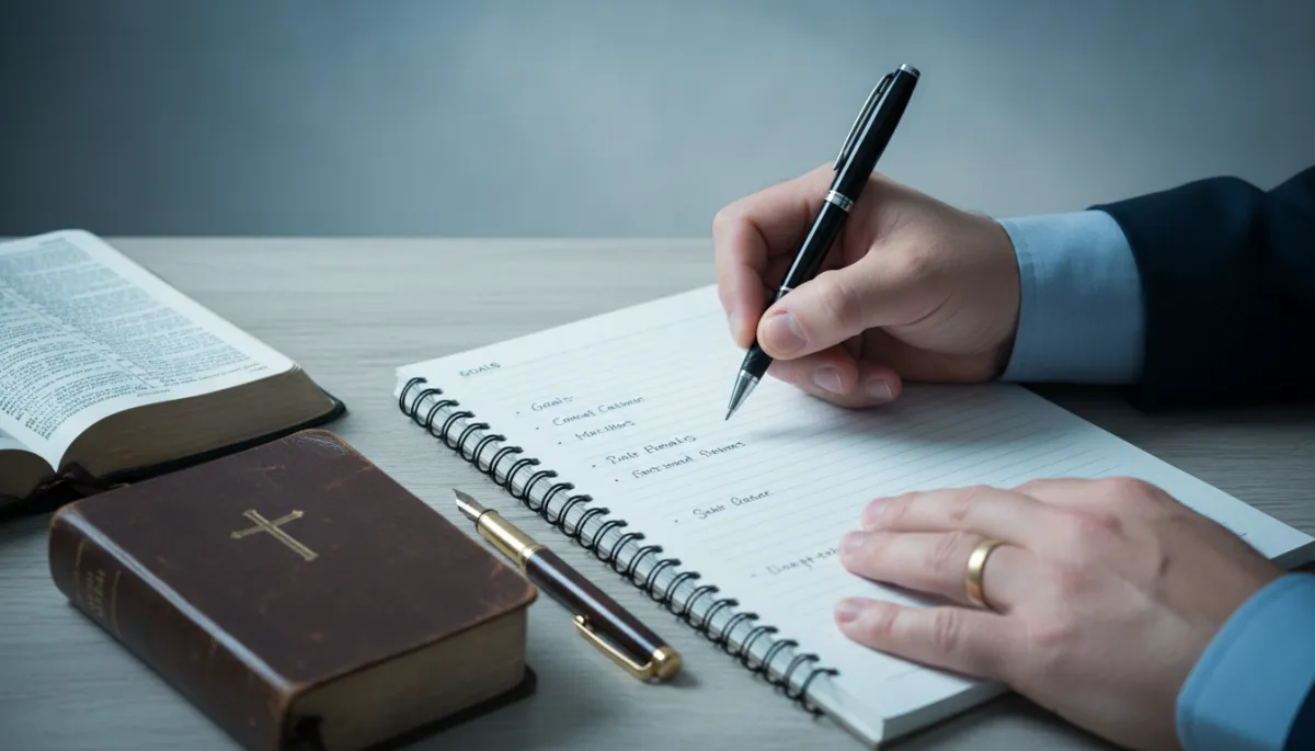 Hands writing goals in a notebook beside a Bible