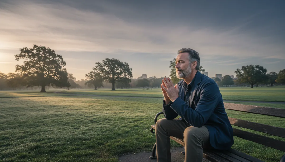 Man sitting on a park bench in quiet prayerful reflection