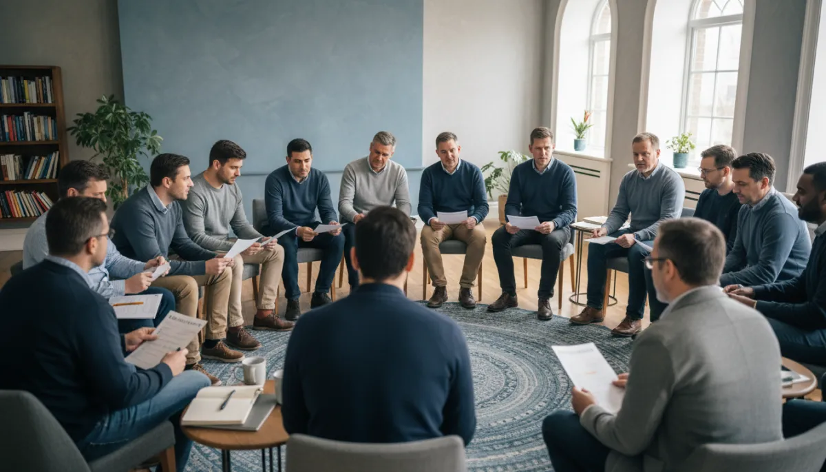 Group of men and mentors discussing their life plans in a circle