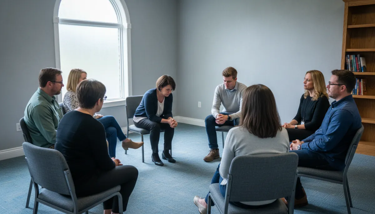 Graduates and mentors engaged in a small group conversation
