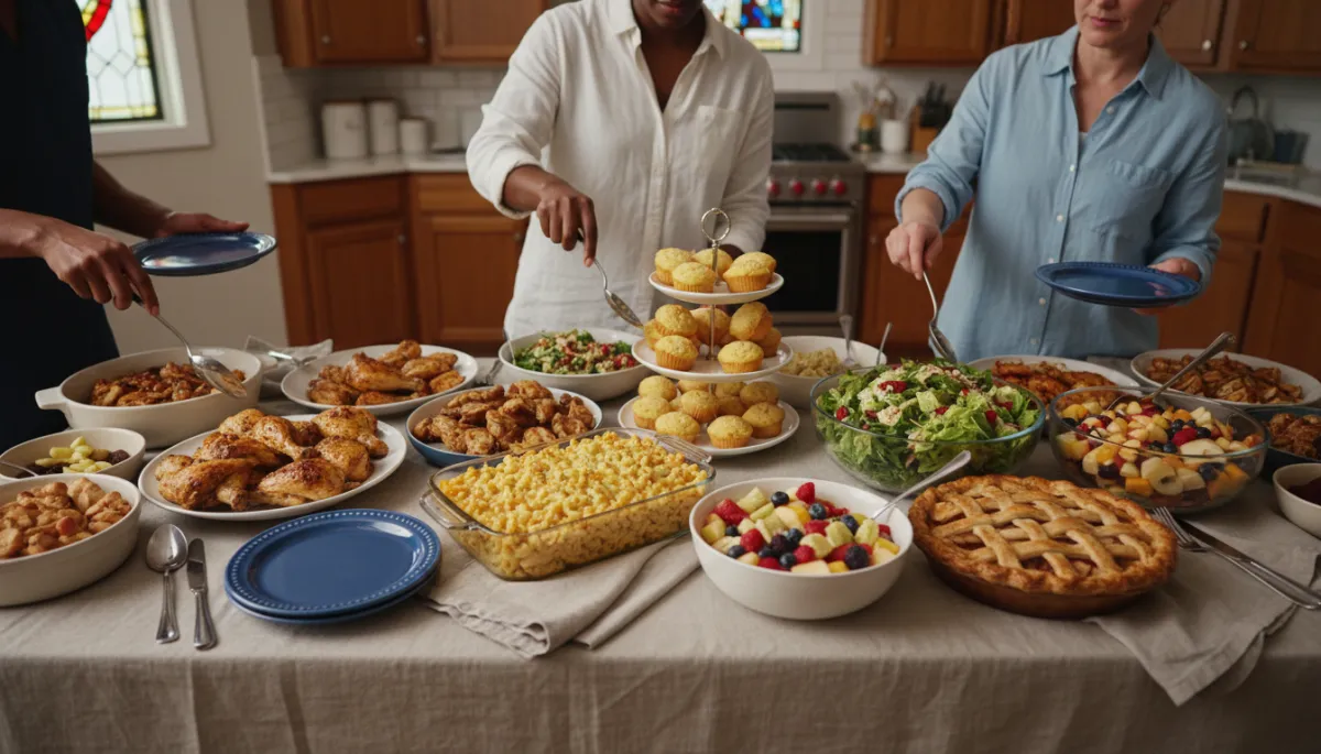 Shared dishes on a buffet table at a community potluck