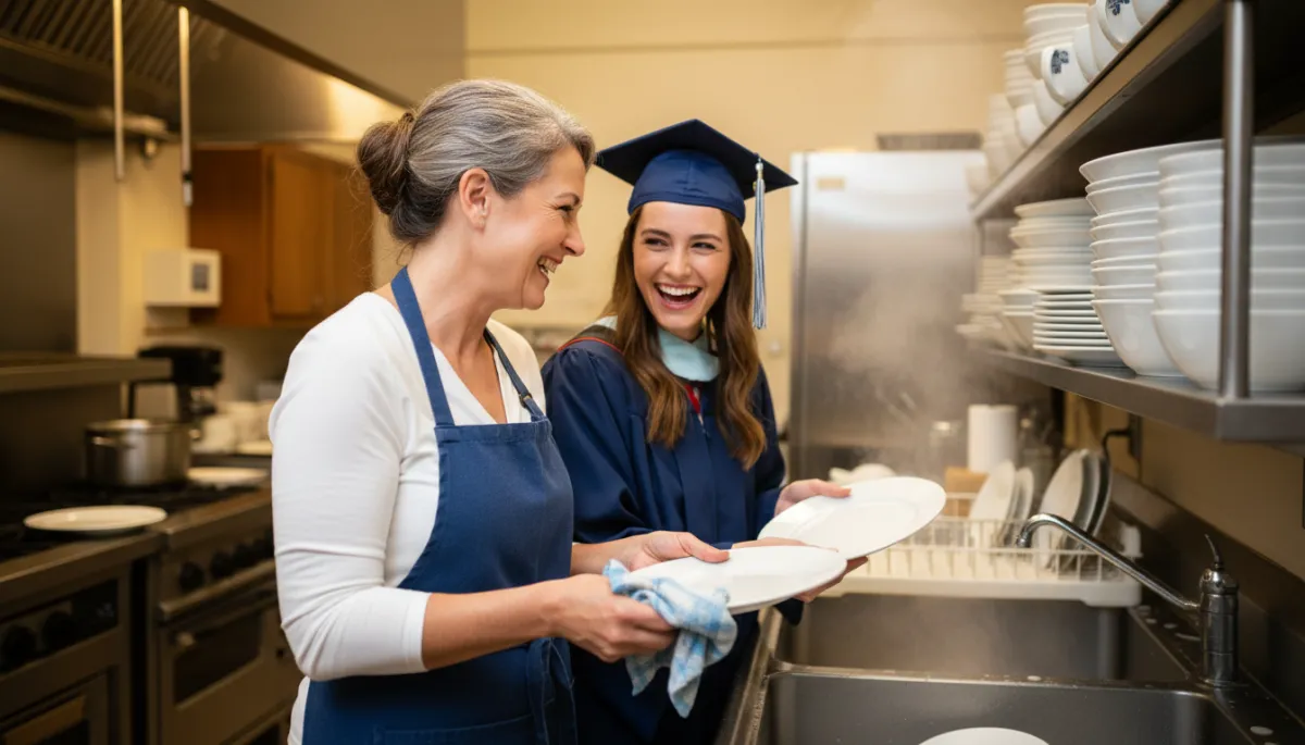 Volunteer and graduate serving together after a community meal