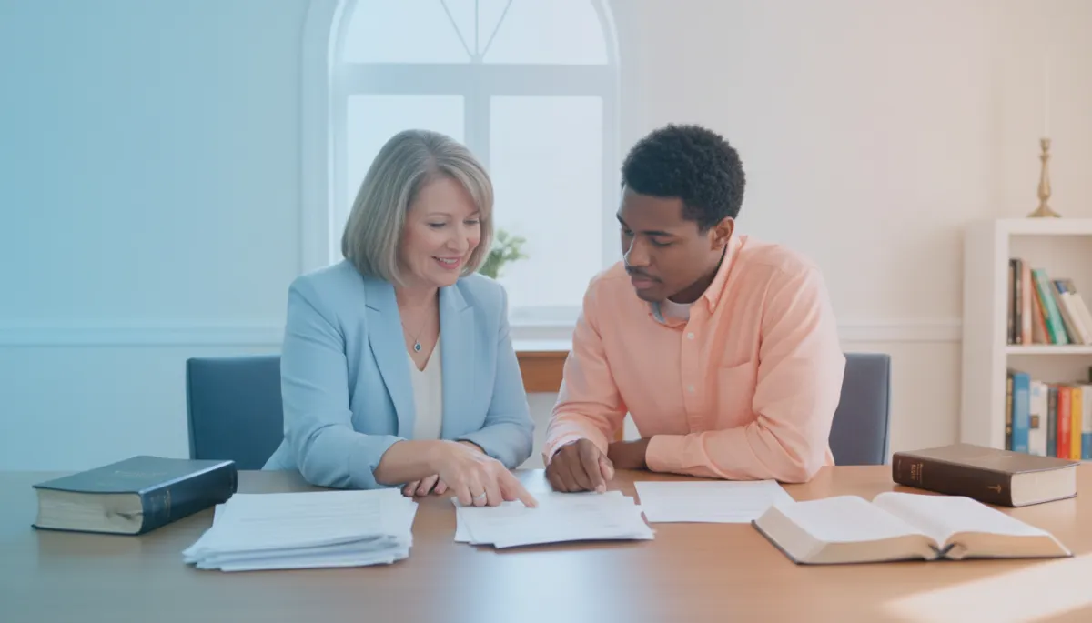 Mentor and returning citizen reviewing reentry paperwork together in soft pastel colors