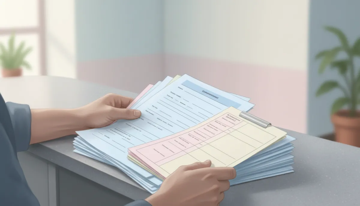 Man holding reentry paperwork at a government office counter in soft pastel colors