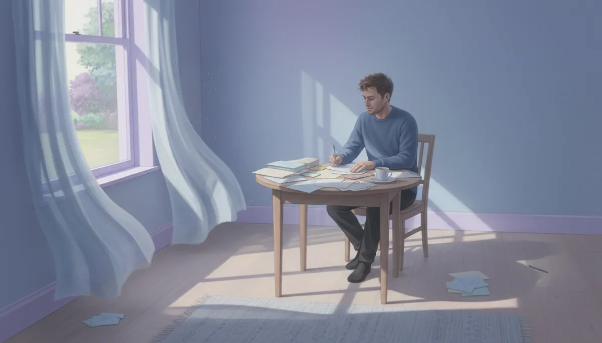 Man in reentry sitting alone at a table with paperwork in soft pastel colors