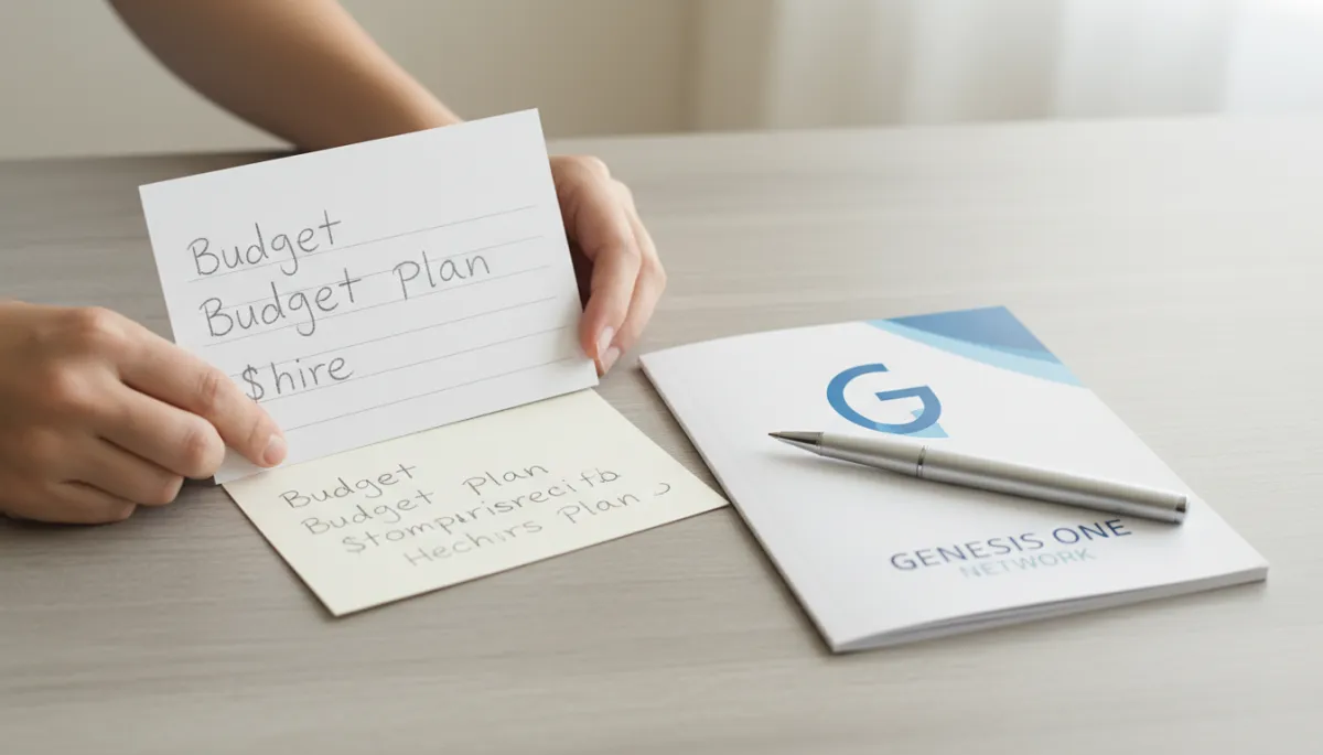 Photographic realistic close-up of a handwritten budget and rehearsed boundary sentence card
