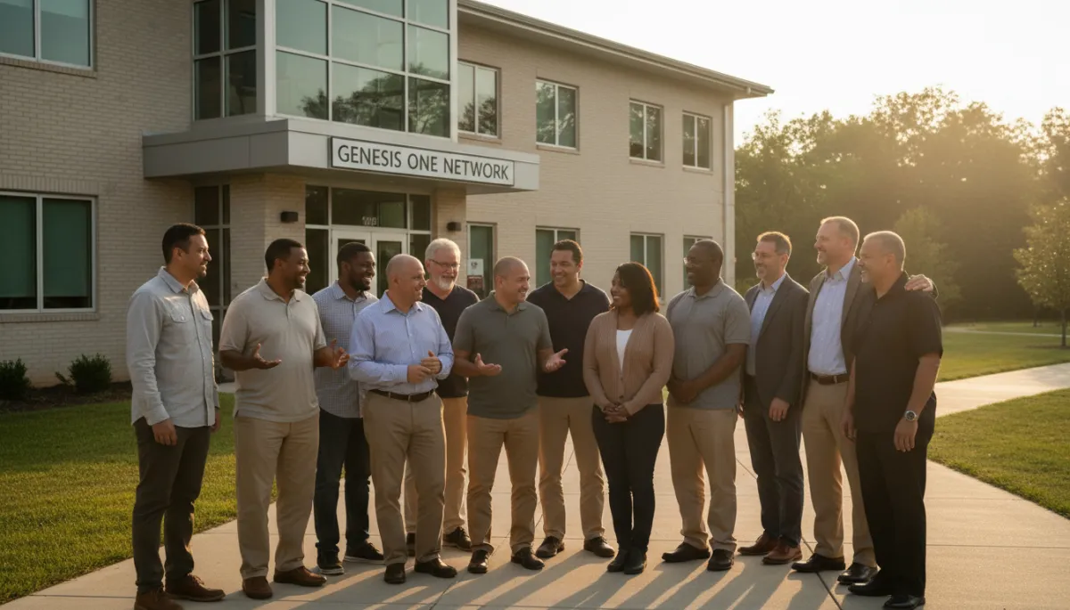 Photographic realistic group of mentors and returning citizens outside a community reentry center
