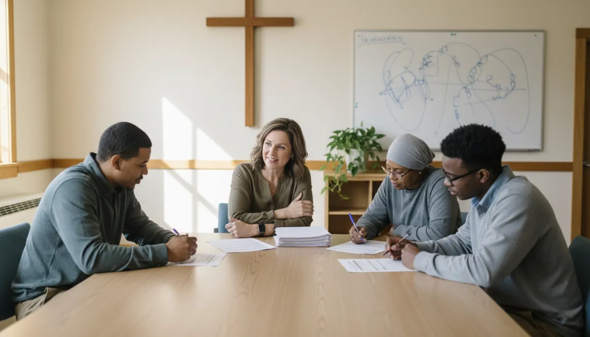 Photographic realistic scene of a faith-based budgeting workshop for returning citizens