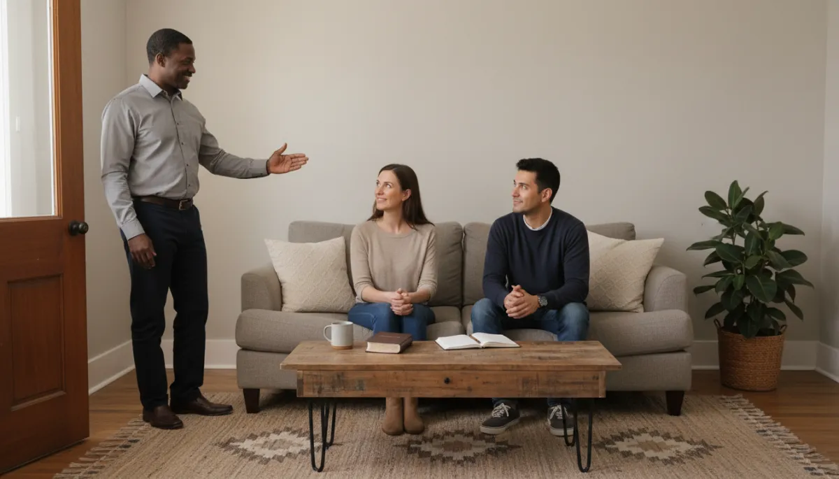 Photographic realistic scene of a returning citizen setting boundaries with visitors in a living room