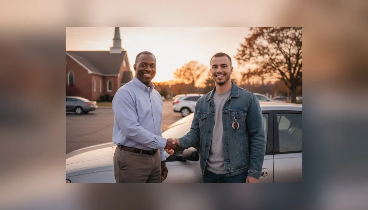 Mentor celebrating with returning citizen who has gained reliable transportation