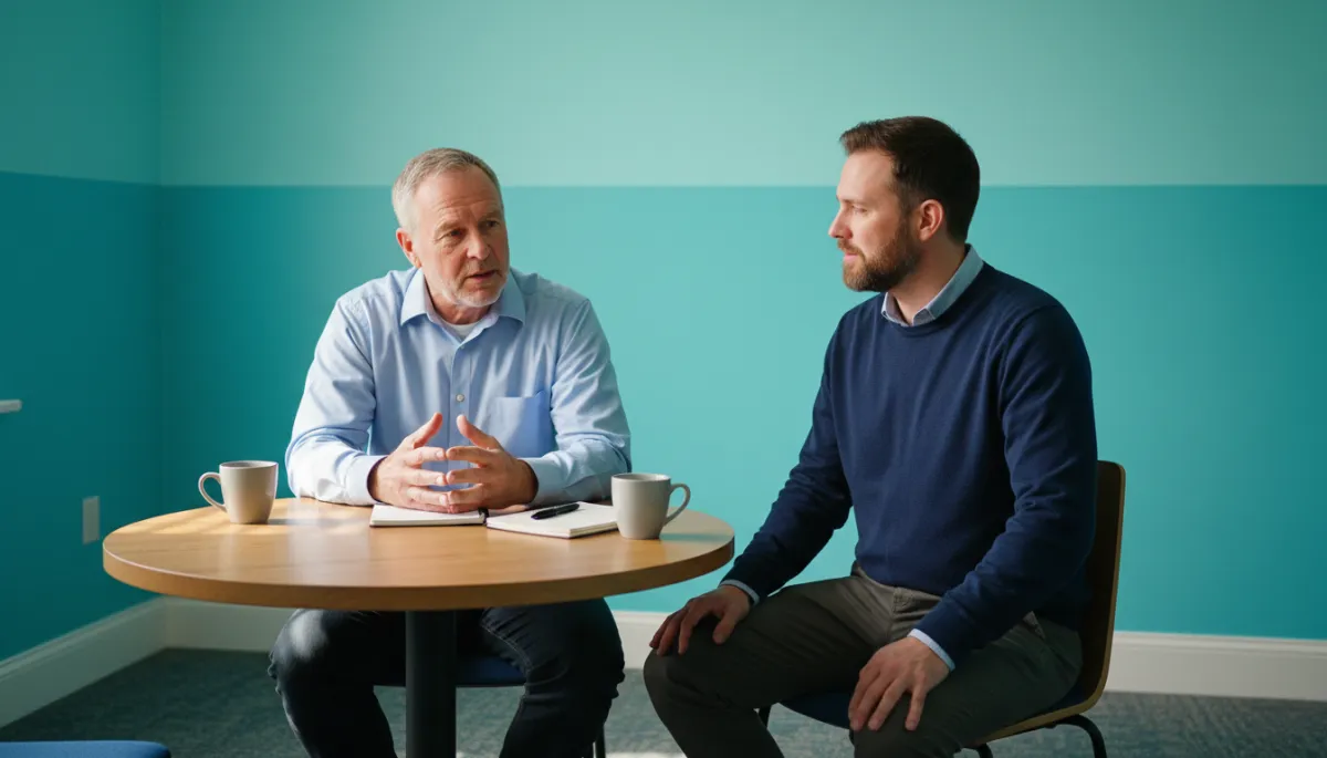 Two men in a church meeting room having an honest conversation about the past