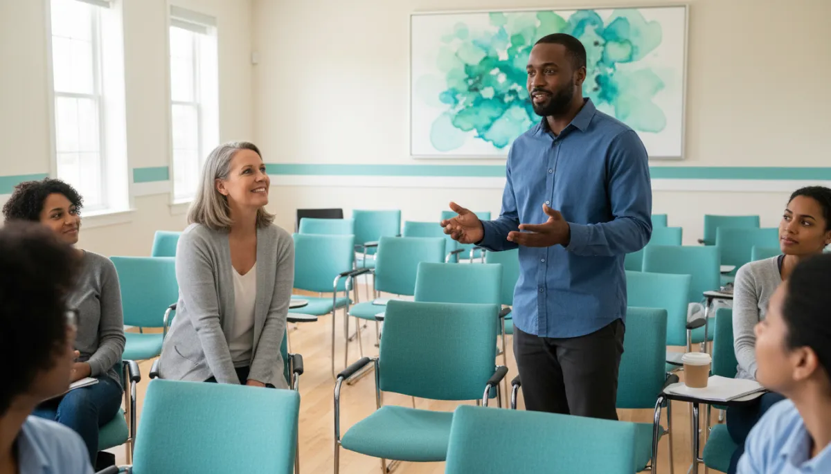 Reentry support group practicing personal storytelling together