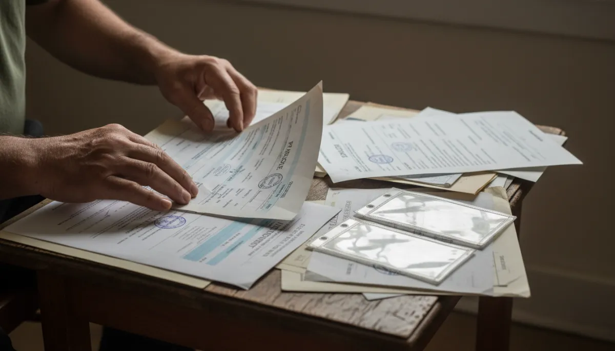 Formerly incarcerated man sorting through papers and missing identification documents