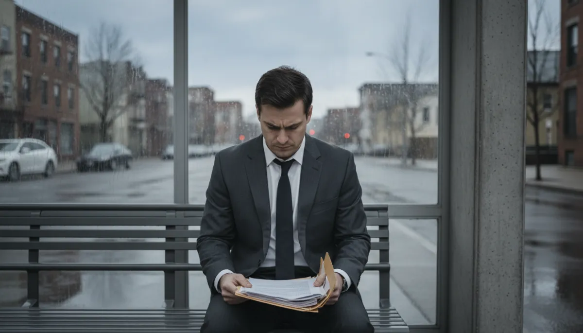 Man at bus stop holding documents, facing delays in reentry paperwork