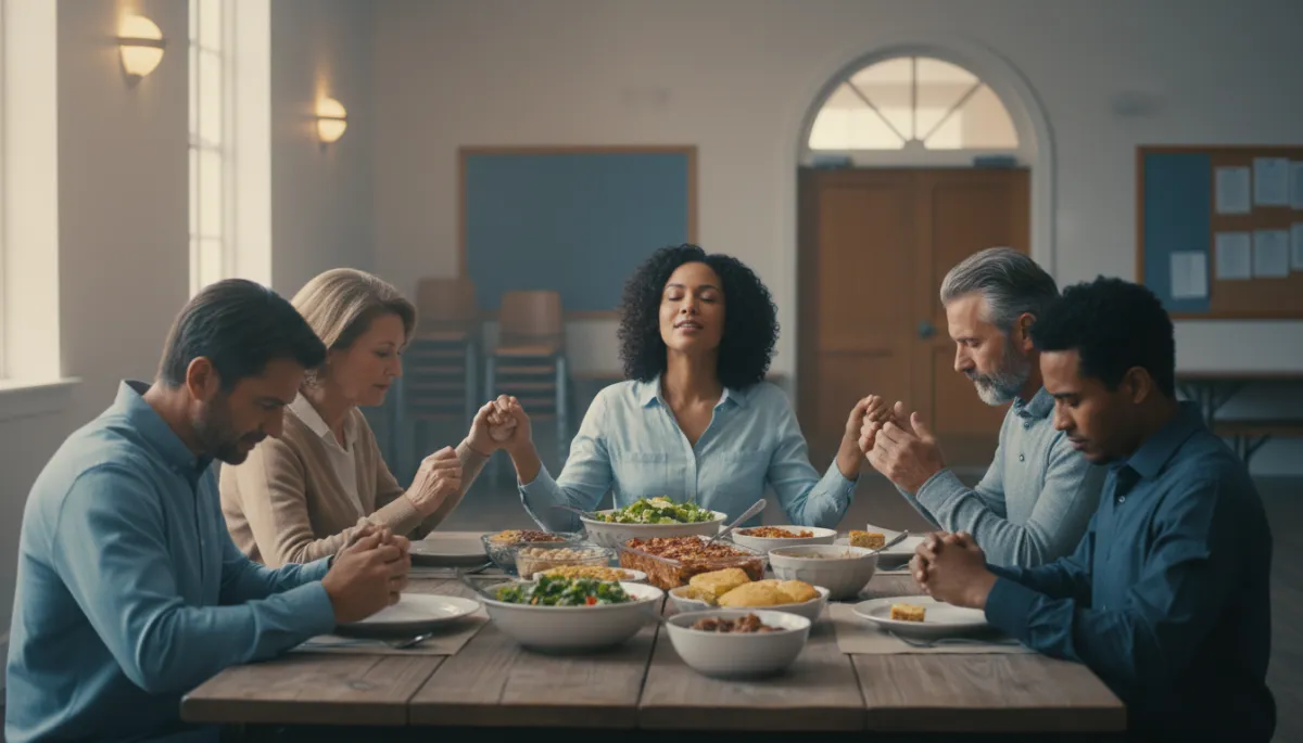 Small group sharing a meal and conversation in a church fellowship hall