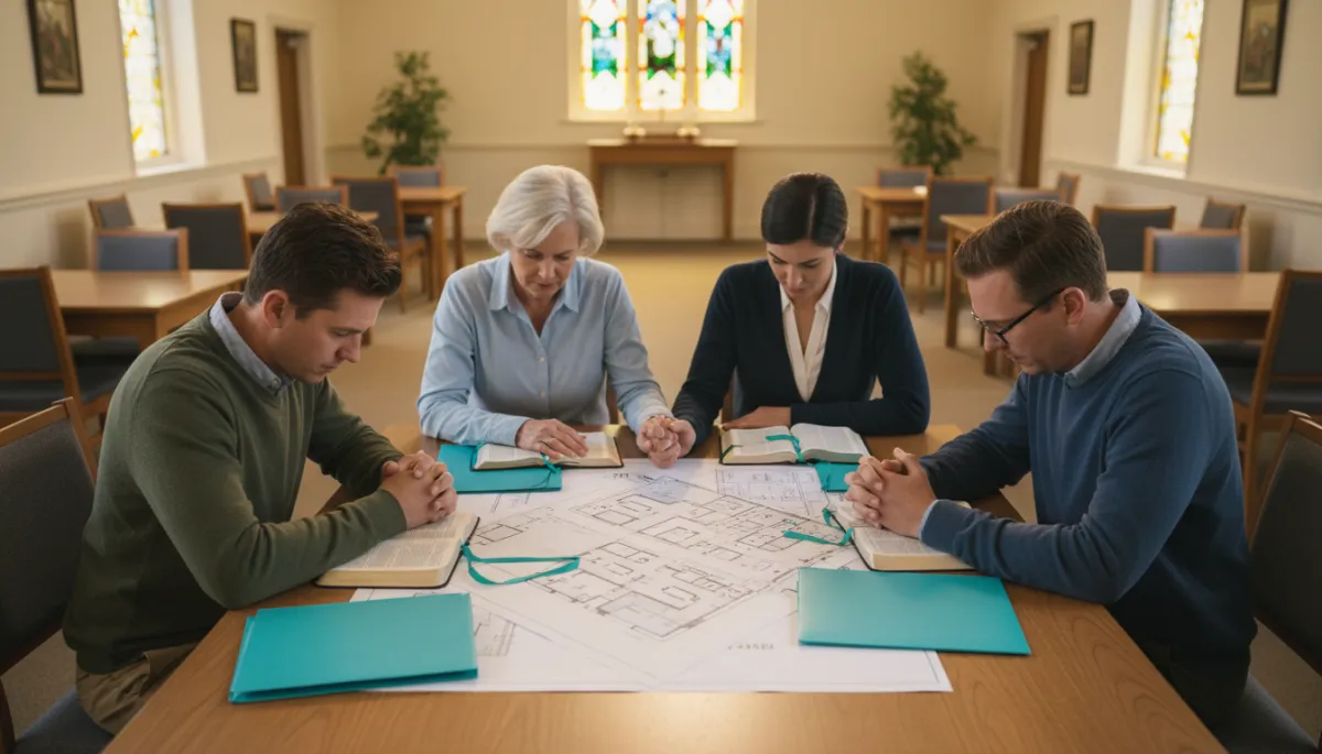 Church members and mentors praying over a reentry housing plan