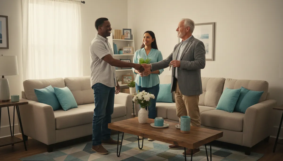 Landlord, volunteer, and returning citizen standing together in a new apartment