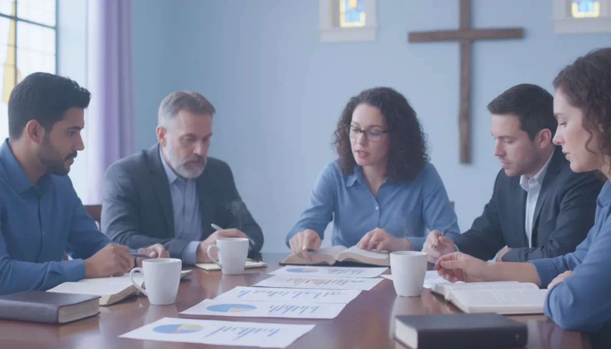 Community members reviewing charts about Oklahoma recidivism rates in a church setting