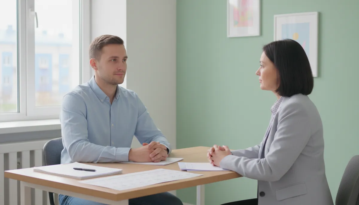 Man on supervision meeting with his parole officer in a calm office setting