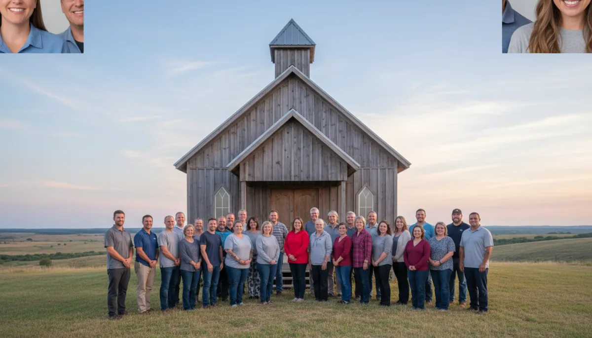 Volunteers, former inmates, and church leaders standing together outside an Oklahoma church