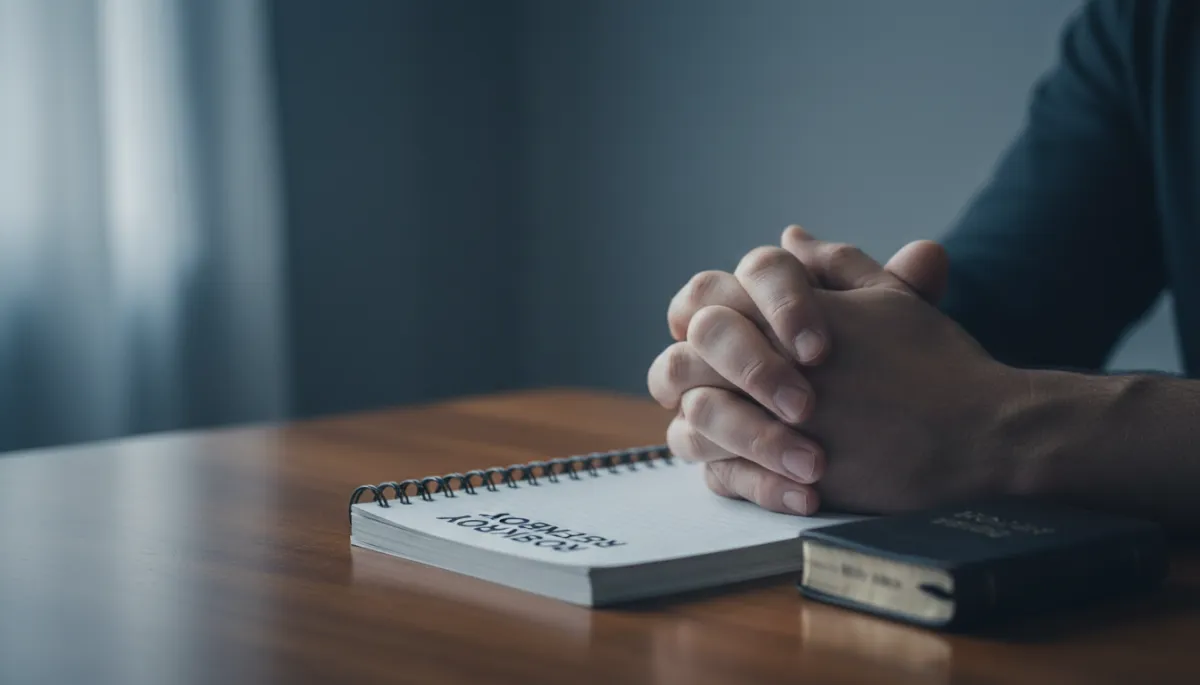 Hands of a graduate mentor and mentee over a reentry workbook and Bible