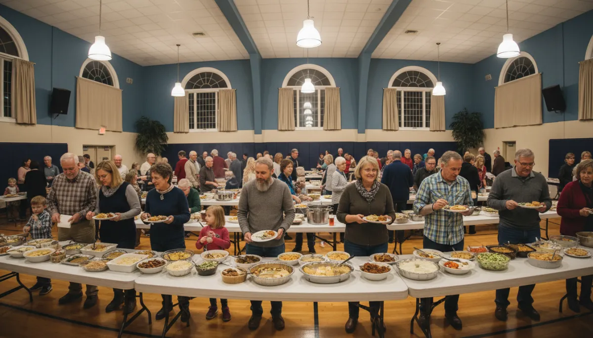 Graduate network and families sharing a meal at a monthly potluck