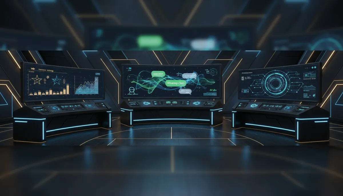 futuristic dark luxury command centre with curved screens showing live WhatsApp chats, review ratings, and appointment analytics, subtle blue and gold lighting