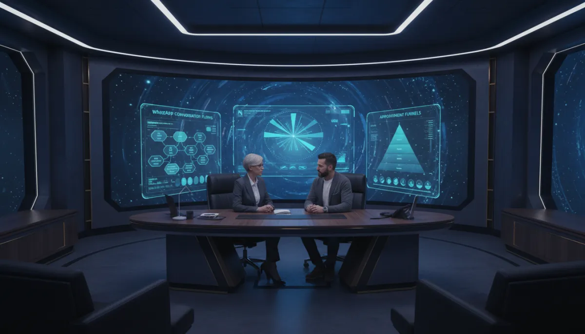 futuristic dark luxury war-room style office with a senior engineer and clinic owner reviewing holographic KPI graphs, WhatsApp conversation flows, and appointment funnels