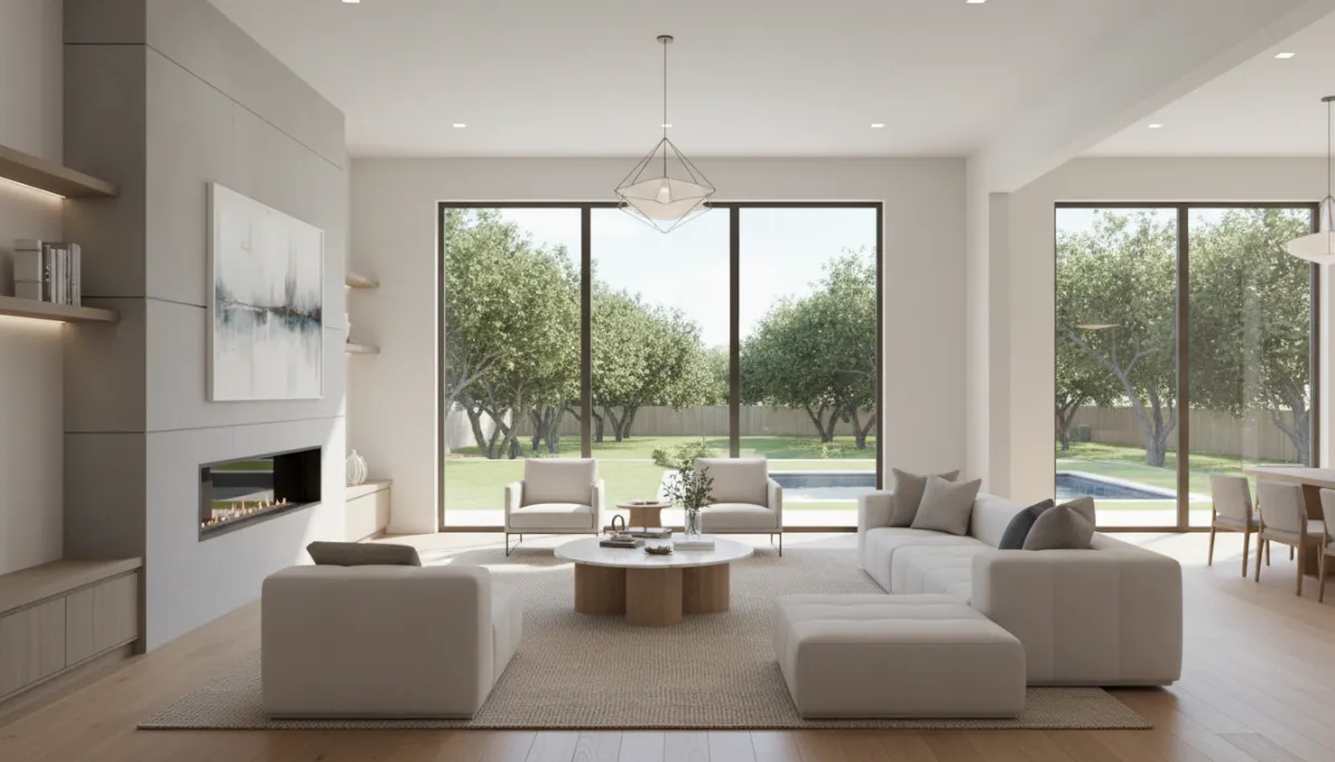 Professional photorealistic interior of modern Argyle TX home living room