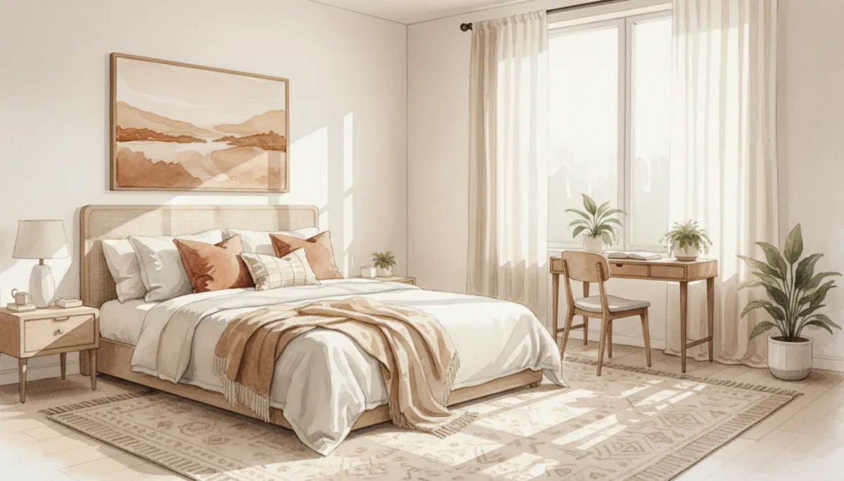 Calm, well-designed furnished bedroom prepared for shoulder season guests Calm, well-designed furnished bedroom prepared for shoulder season guests