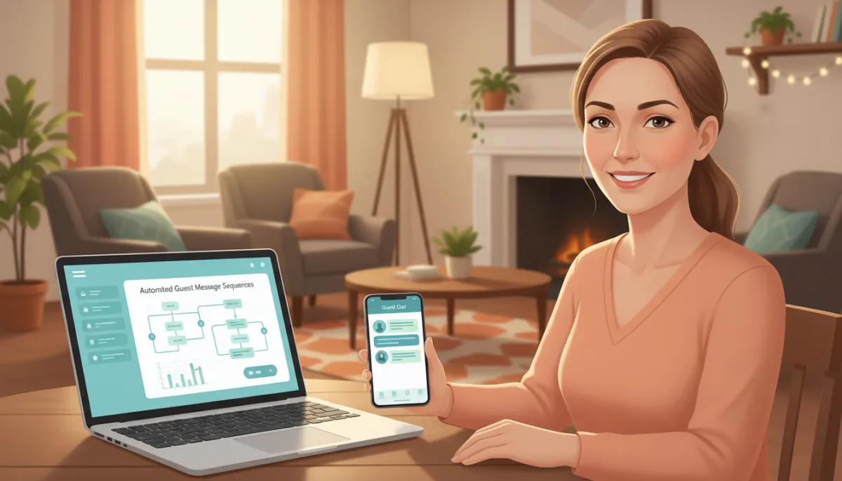 Vacation rental host at laptop reviewing automated guest message sequences on a clean dashboard, smartphone beside showing guest chat thread, cozy living room with soft lighting in background Vacation rental host at laptop reviewing automated guest message sequences on a clean dashboard, smartphone beside showing guest chat thread, cozy living room with soft lighting in background