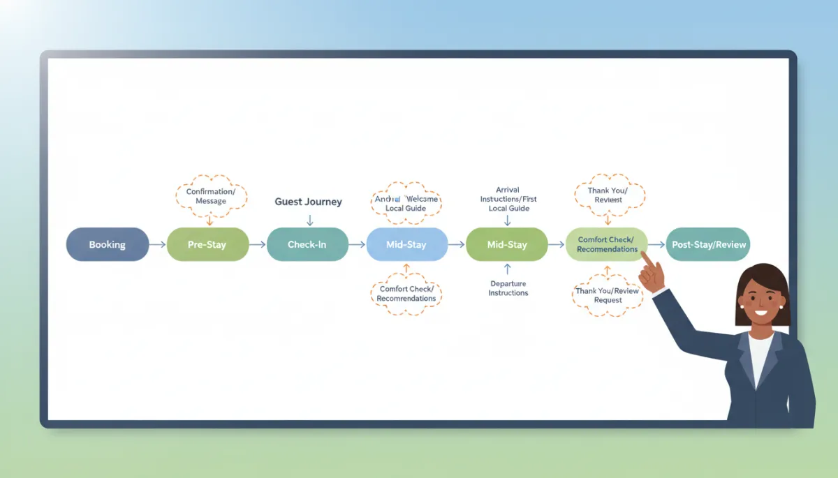 Whiteboard or digital flowchart showing the guest journey from booking to review, with message triggers highlighted at each stage, host pointing at mid-stay touchpoint Whiteboard or digital flowchart showing the guest journey from booking to review, with message triggers highlighted at each stage, host pointing at mid-stay touchpoint