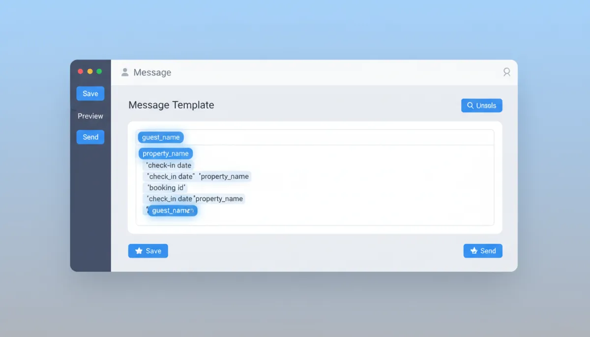 Close-up of a property management system screen showing a message template with dynamic variables like guest_name and property_name highlighted Close-up of a property management system screen showing a message template with dynamic variables like guest_name and property_name highlighted