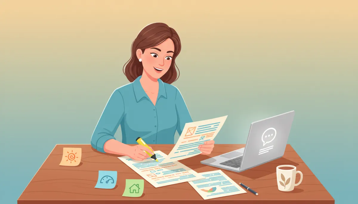 Host reviewing printed message templates at a table, highlighting phrases, sticky notes labeled warm, efficient, local-insider visible beside a laptop Host reviewing printed message templates at a table, highlighting phrases, sticky notes labeled warm, efficient, local-insider visible beside a laptop