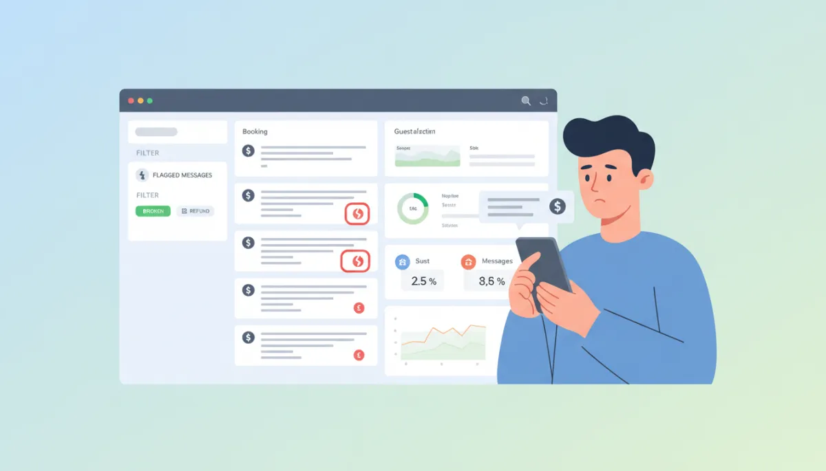 Messaging dashboard with filters showing flagged guest messages containing words like broken and refund, host viewing alerts on smartphone Messaging dashboard with filters showing flagged guest messages containing words like broken and refund, host viewing alerts on smartphone