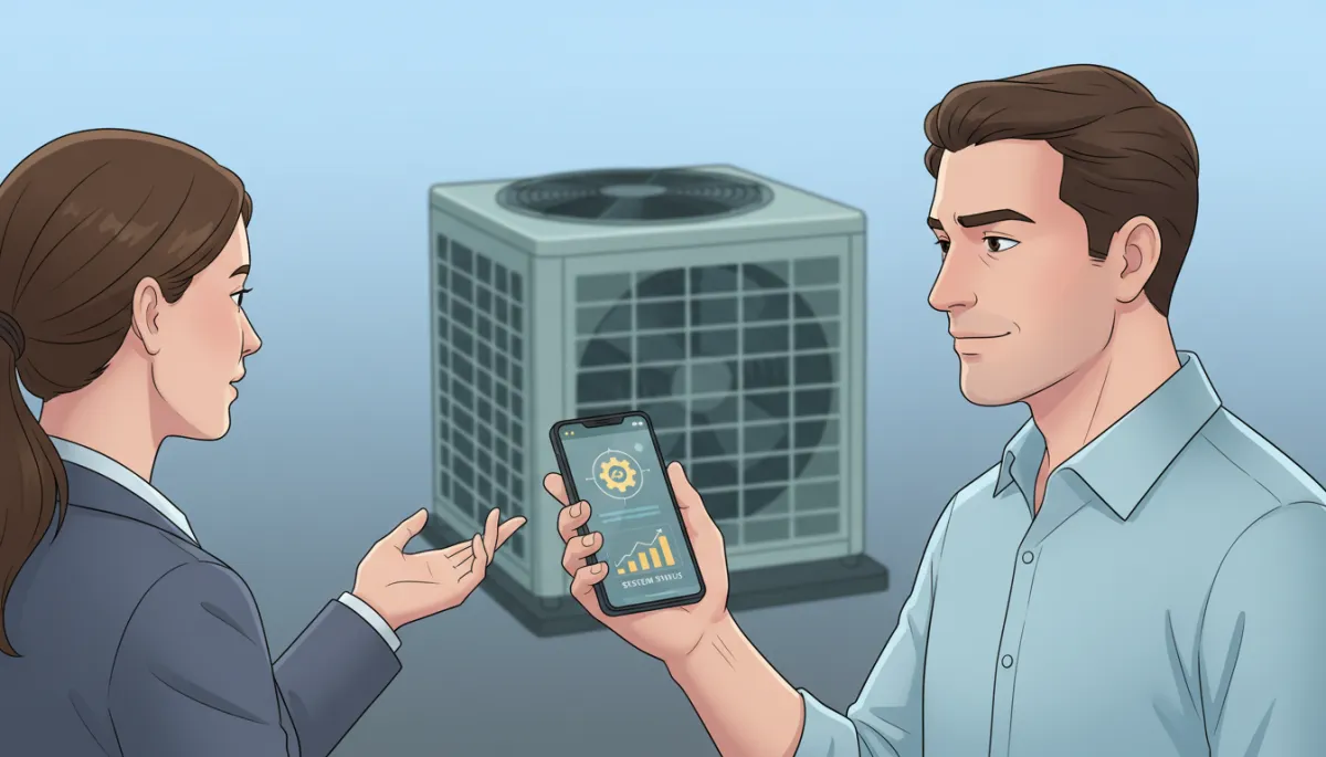 Host on phone speaking with a guest while looking at a maintenance app, serious but calm expression, AC unit visible in background Host on phone speaking with a guest while looking at a maintenance app, serious but calm expression, AC unit visible in background