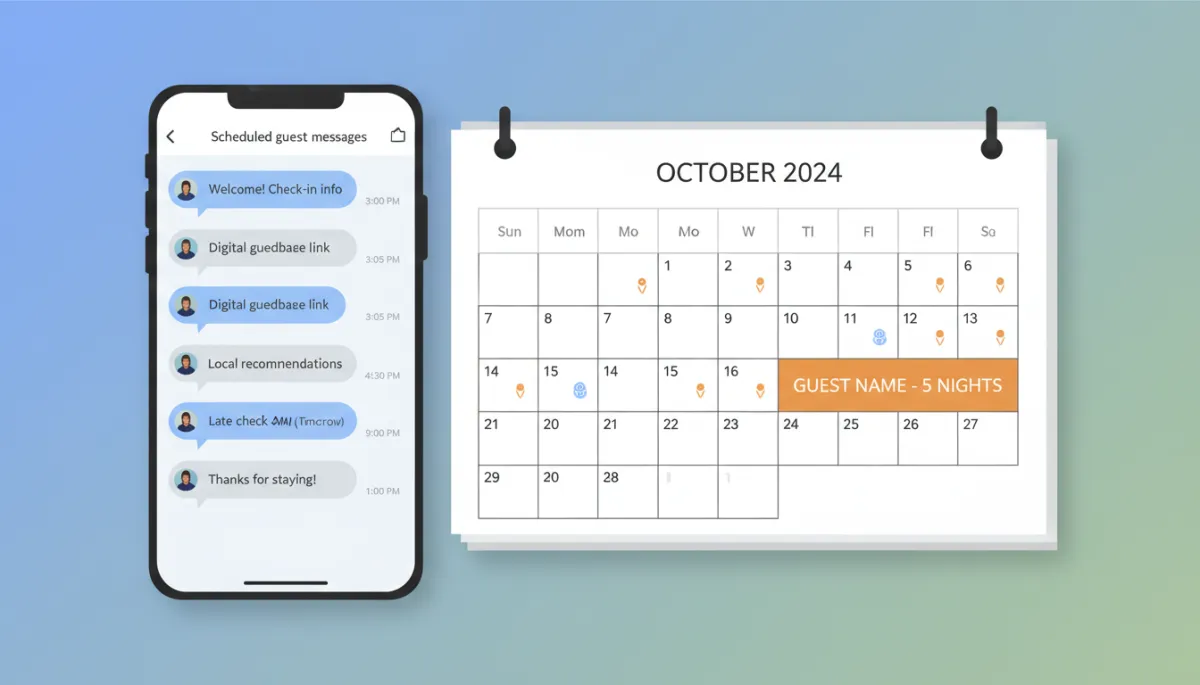Smartphone screen showing a full sequence of scheduled guest messages with timestamps, next to a calendar showing a mock booking Smartphone screen showing a full sequence of scheduled guest messages with timestamps, next to a calendar showing a mock booking
