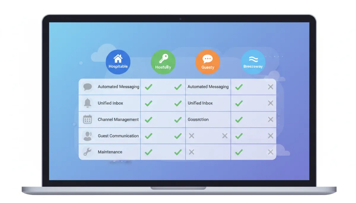 Laptop screen with a comparison table of vacation rental messaging tools, icons for Hospitable, Hostfully, Guesty, and Breezeway visible Laptop screen with a comparison table of vacation rental messaging tools, icons for Hospitable, Hostfully, Guesty, and Breezeway visible
