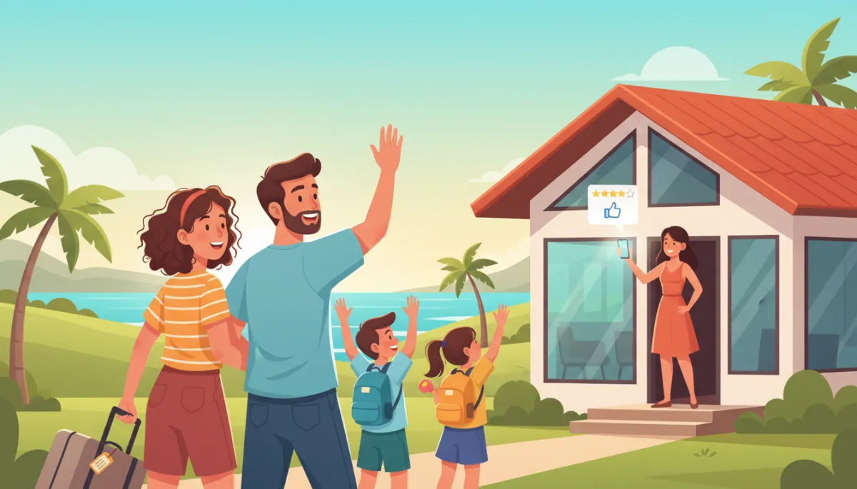 Happy guests leaving a vacation rental and waving, host standing at the door holding a phone with a review notification on screen Happy guests leaving a vacation rental and waving, host standing at the door holding a phone with a review notification on screen