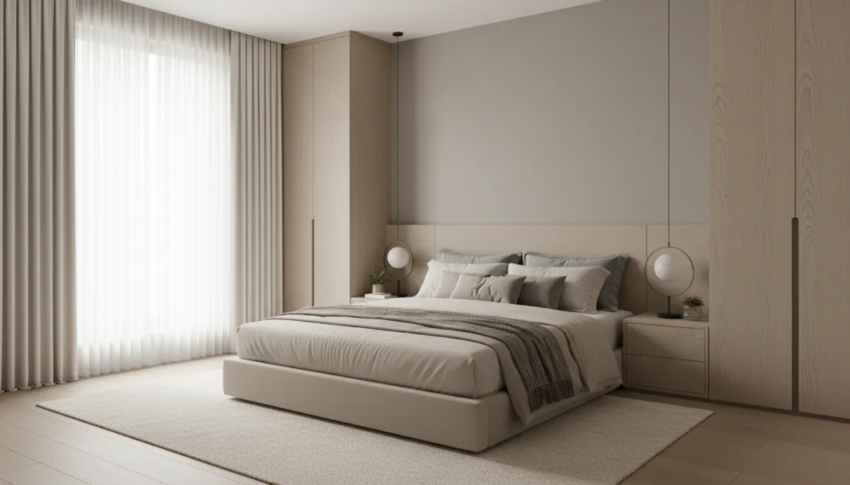 Professionally photographed bedroom with wide-angle view and neatly made bed