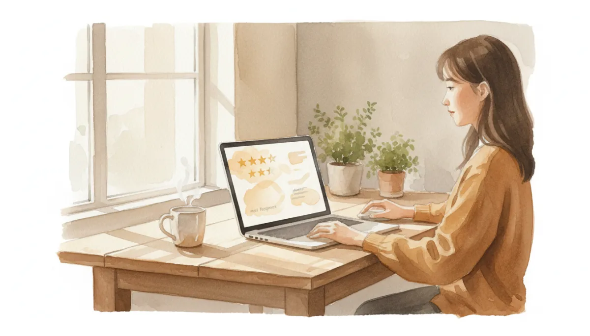 Prospective guest reading reviews and host responses on a laptop Prospective guest reading reviews and host responses on a laptop
