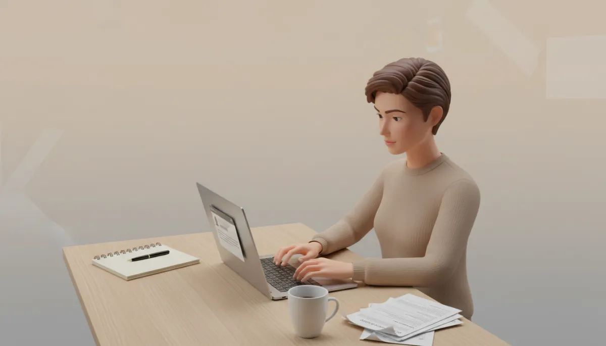 Professional neutral-color scene of a host writing a follow-up email at a tidy desk Professional neutral-color scene of a host writing a follow-up email at a tidy desk