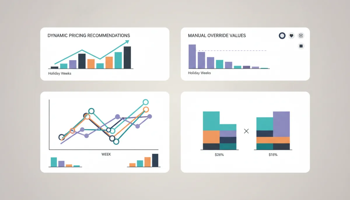 Dashboard comparing dynamic pricing recommendations with manual overrides for holiday weeks Dashboard comparing dynamic pricing recommendations with manual overrides for holiday weeks