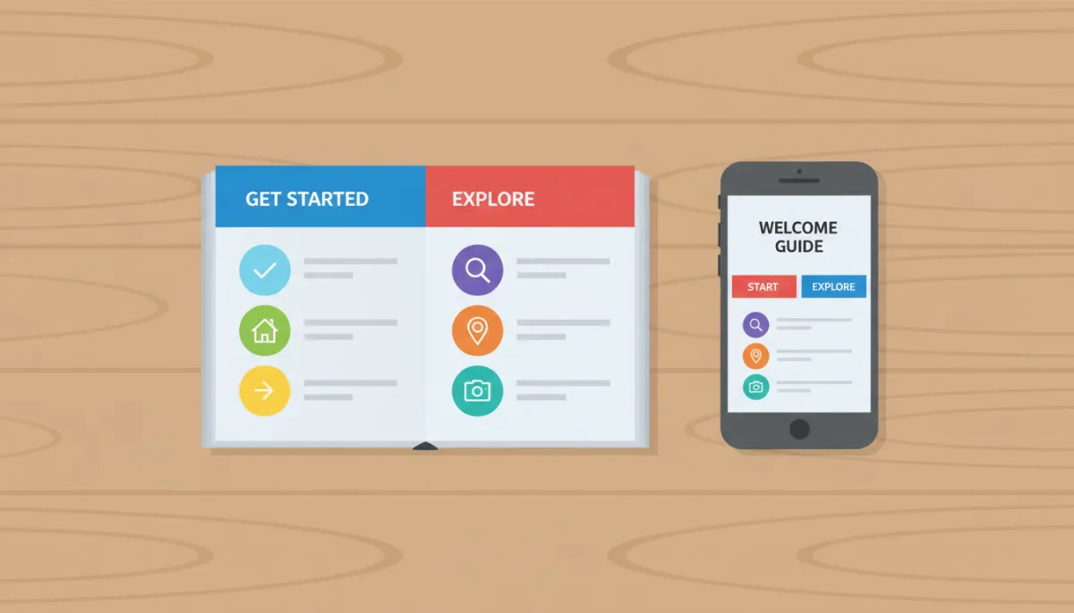 Professional neutral flat lay of a concise welcome booklet beside its digital version on a phone Professional neutral flat lay of a concise welcome booklet beside its digital version on a phone