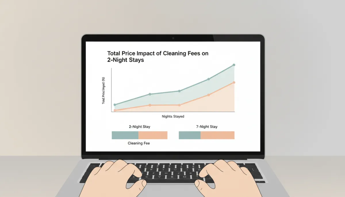 professional neutral-toned chart-style illustration on a laptop screen comparing total price impact of cleaning fees on 2-night vs 7-night stays, host’s hands on keyboard analyzing the data