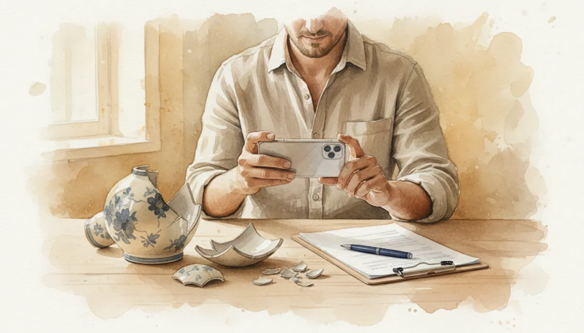 Host documenting broken item with photos and notes in a neutral-toned room Host documenting broken item with photos and notes in a neutral-toned room