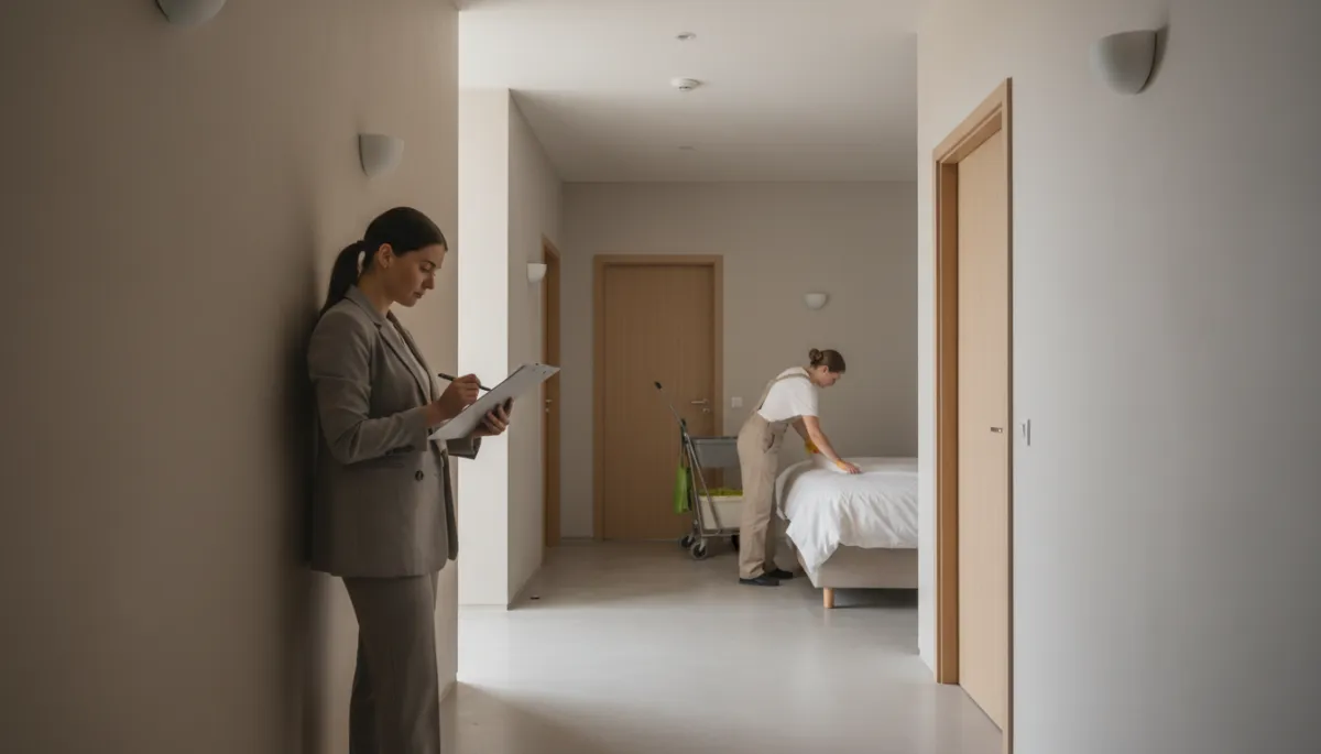 Co-host coordinating cleaning and inspections in a professional, neutral property hallway Co-host coordinating cleaning and inspections in a professional, neutral property hallway