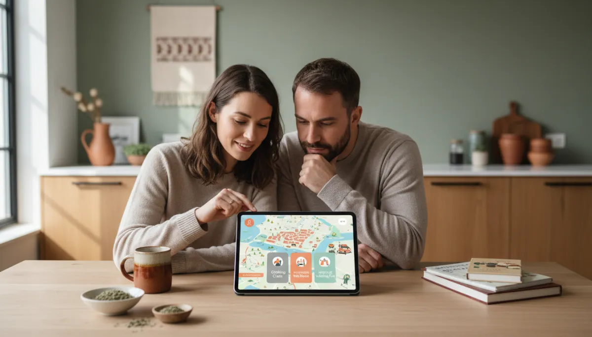 Guests planning their Airbnb stay and experiences on a tablet in a neutral kitchen Guests planning their Airbnb stay and experiences on a tablet in a neutral kitchen