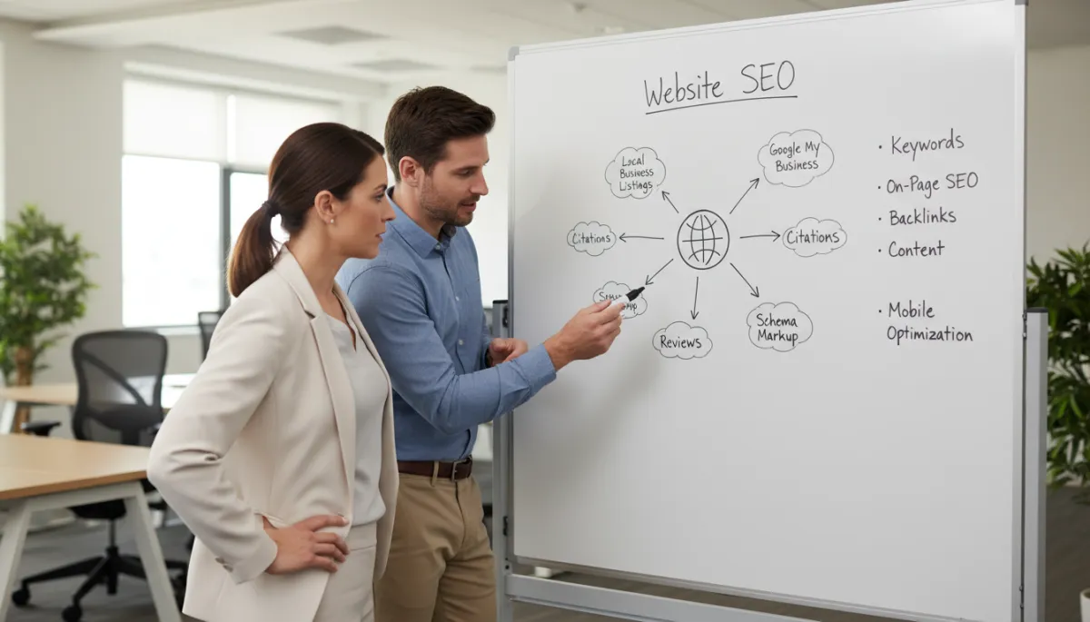 Marketing strategist planning website SEO and local search improvements on a whiteboard